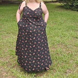 Cherry Print Black Maxi Dress